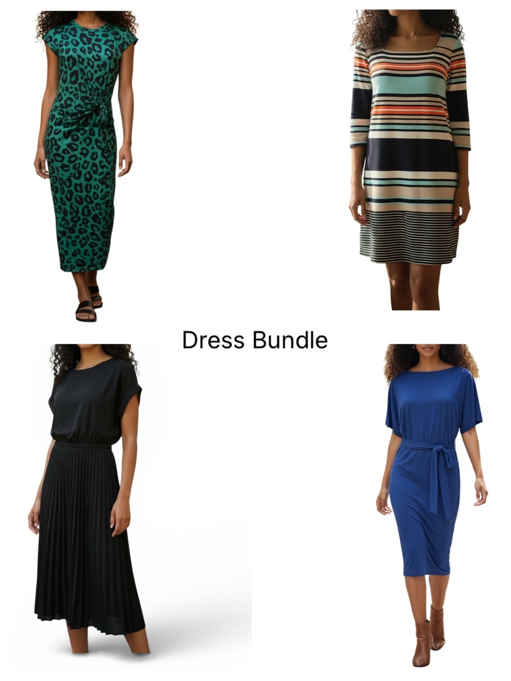 Dress Bundle - Green Leopard, Striped, Black Pleated & Royal Blue Dresses